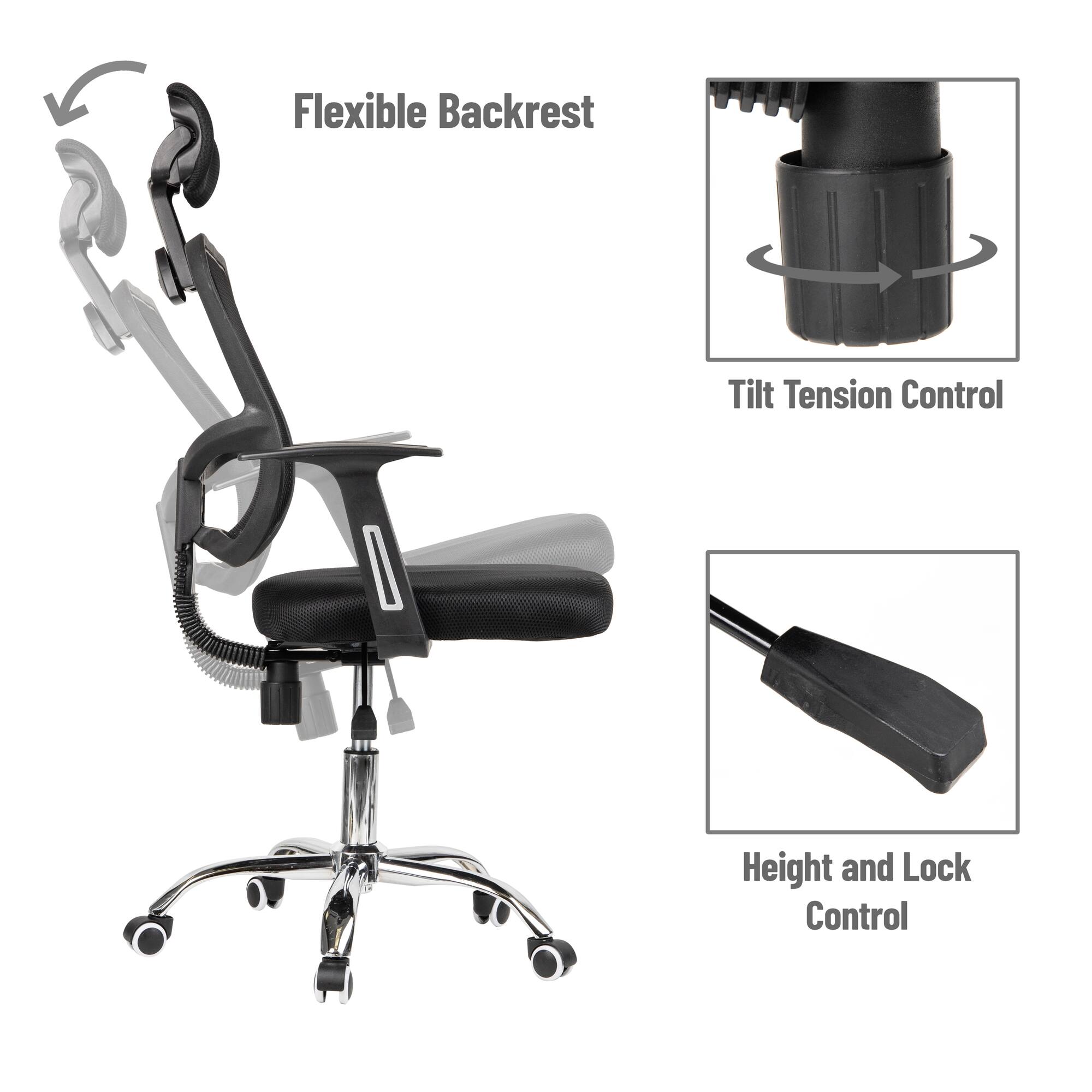 Mind Reader Office Chair with Wheels, Height Adjustable, Desk Chair, Office, 24"L x 24"W x 42.5-47"H, Black